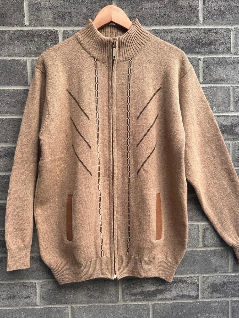Oxford Tan Lambswool Full‑Zip Ribbed Collar Sweater Jacket